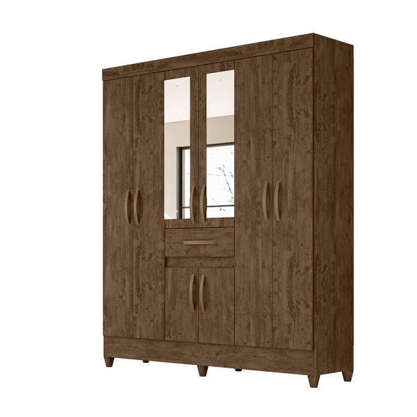 Imagem de Guarda Roupa Casal 6 portas com espelho 1 gaveta Castanho Wood Portugal - Moval