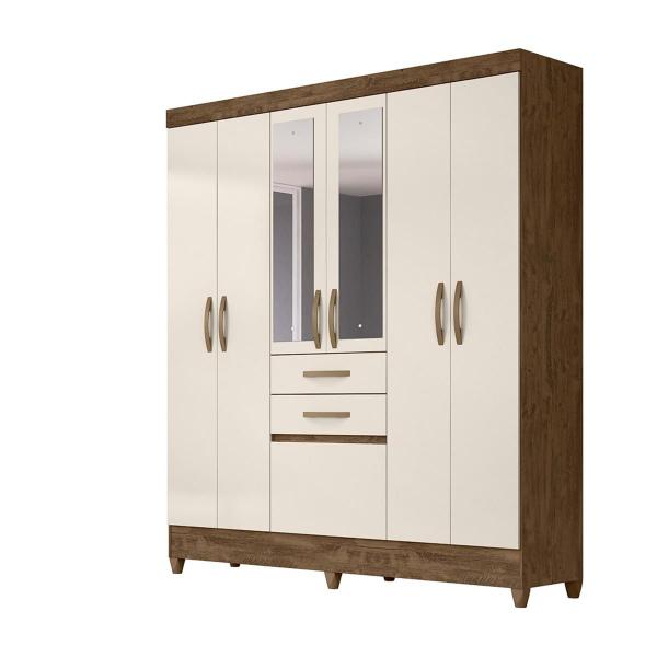 Imagem de Guarda Roupa Casal 6 portas com espelho 2 gavetas Castanho Wood / Baunilha New Mafra - Moval