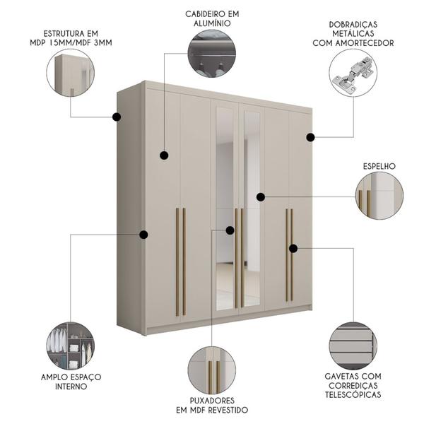 Imagem de Guarda Roupa Casal 6 Portas Com Espelho 233cm Dubai Fendi    - VLR MÓVEIS