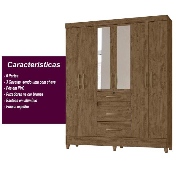 Imagem de Guarda Roupa Casal 6 portas com espelho 3 gavetas Itatiba Castanho Wood / Baunilha - Moval