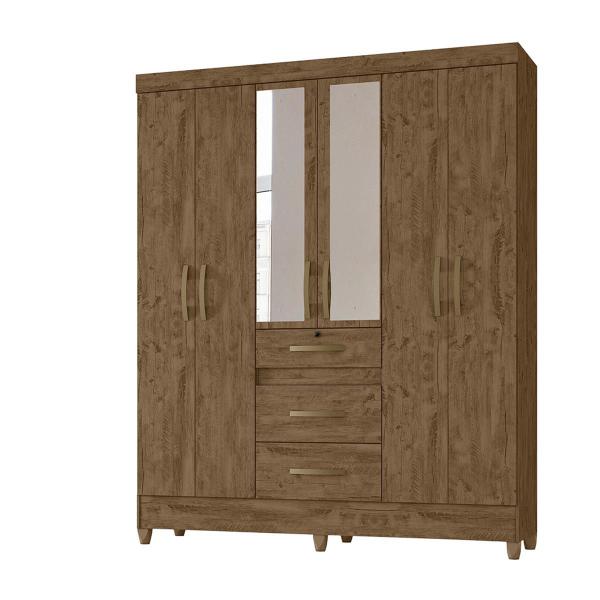 Imagem de Guarda Roupa Casal 6 portas com espelho 3 gavetas Itatiba Castanho Wood / Baunilha - Moval