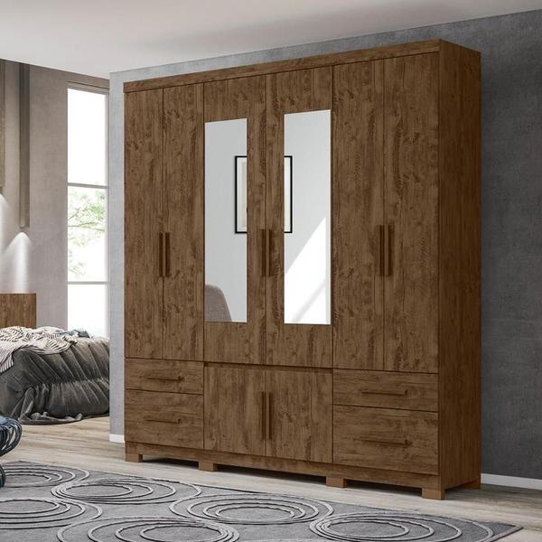 Imagem de Guarda Roupa Casal 6 portas com espelho 4 gavetas  Porto Plus Castanho Wood / Baunilha - Moval