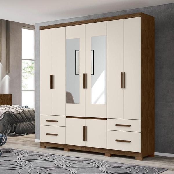 Imagem de Guarda Roupa Casal 6 portas com espelho 4 gavetas  Porto Plus - Castanho Wood / Baunilha