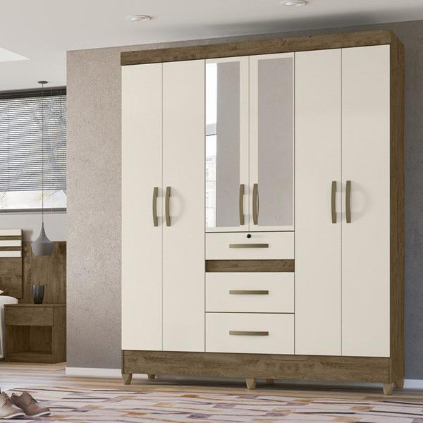 Imagem de Guarda Roupa Casal 6 Portas Com Espelho 8683 Castanho Wood Off White Moval