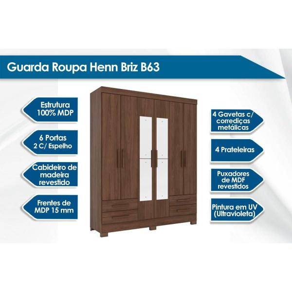 Imagem de Guarda Roupa Casal 6 Portas e 4 Gavetas c/ Espelho Briz B63 Rústico/Off White - Henn