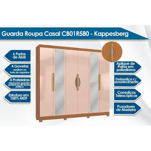 Imagem de Guarda Roupa Casal 6 Portas e 4 Gavetas c/ Espelho e Pés CB01R580 Canela/Macadamia - Kappesberg