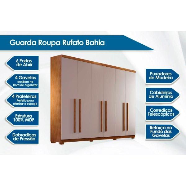 Imagem de Guarda Roupa Casal 6 Portas e 4 Gavetas c/ Pés Bahia Naturale/Off White - Rufato