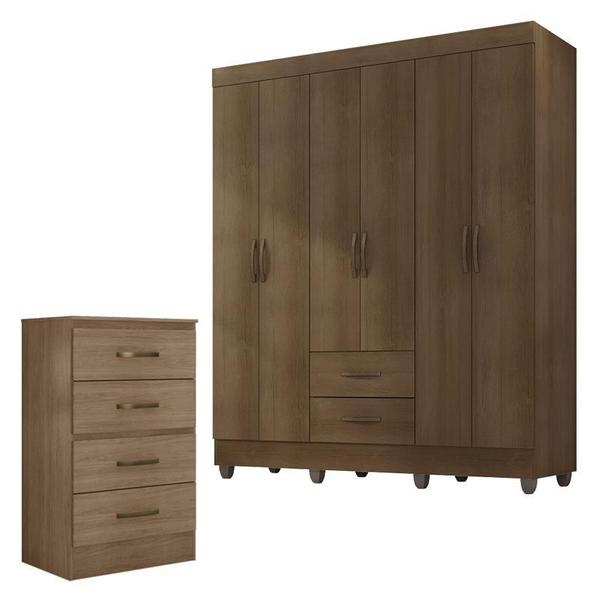 Guarda Roupa Casal 6 Portas e Cômoda 4 Gavetas Lite Carvalho Oak Móveis Leão - MOVEIS LEAO Imagem de Guarda Roupa Casal 6 Portas e Cômoda 4 Gavetas Lite Carvalho Oak Móveis Leão