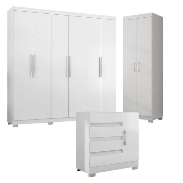 Imagem de Guarda Roupa Casal 6000 com Cômoda 8000 e Armário Multiuso 6020 Branco com Pés Reto News  Araplac