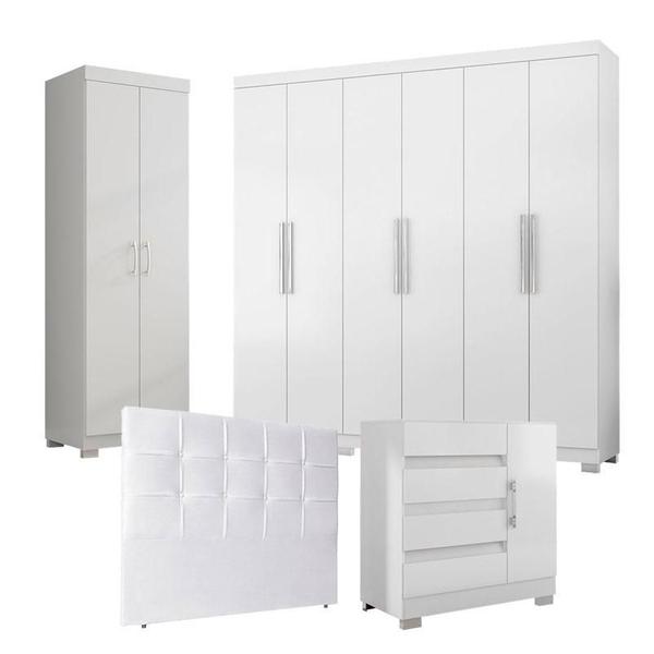 Imagem de Guarda Roupa Casal 6000 Cômoda 8000 e Multiuso 6020 com Pés Reto News e Cabeceira Luiza 140 cm Branco  Araplac