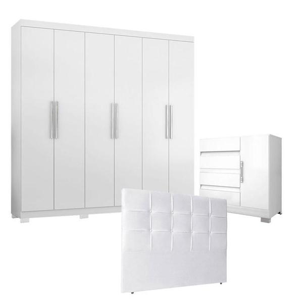 Imagem de Guarda Roupa Casal 6000 e Cômoda 8000 com Pés Reto News e Cabeceira Luiza 140 cm Branco  Araplac