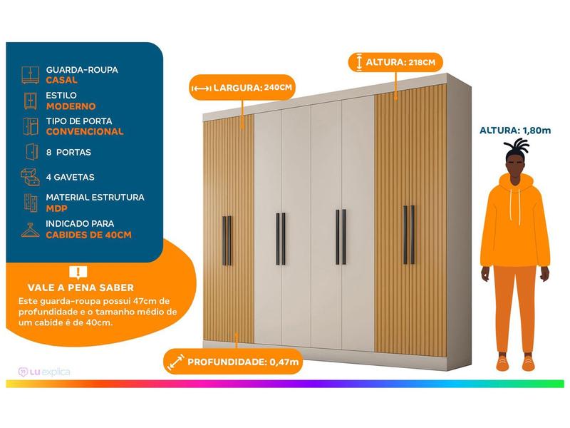 Guarda-roupa Casal 8 Portas 4 Gavetas Araplac Porto - Guarda-Roupa