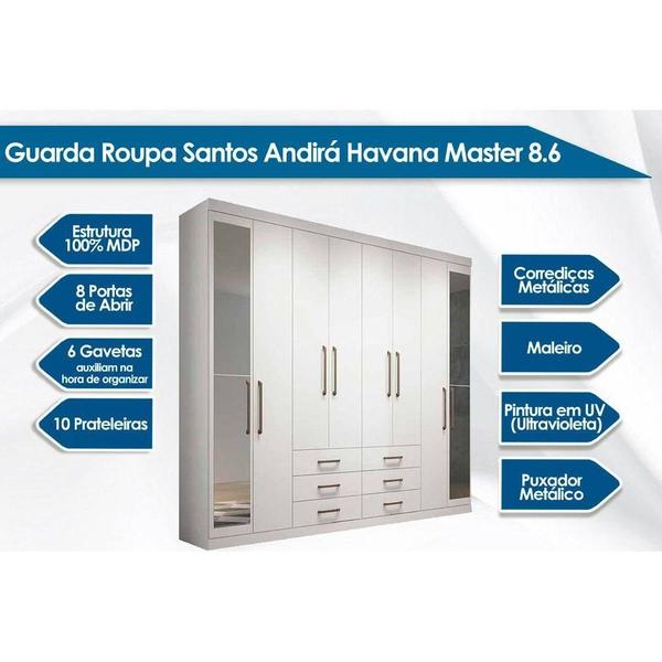 Imagem de Guarda Roupa Casal 8 Portas e 6 Gavetas c/ Espelho Master 8.6  Branco - Santos Andirá