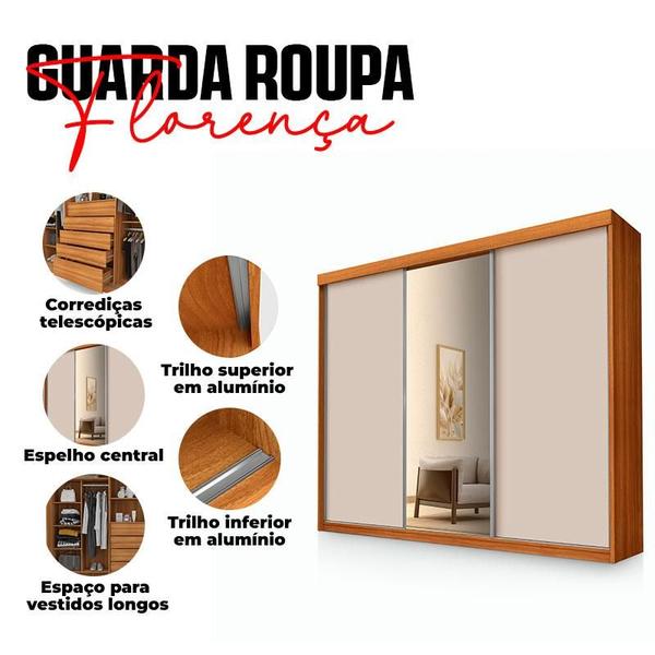 Imagem de Guarda Roupa Casal Ambiente Florença 3 Portas de Correr com Espelho Freijó Off White Pina - Luapa