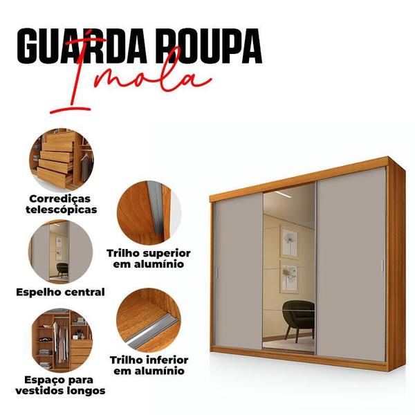 Imagem de Guarda Roupa Casal Ambiente Ímola 3 Portas de Correr com Espelho Freijó Maní - Luapa