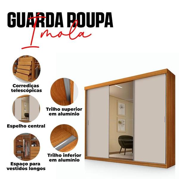 Imagem de Guarda Roupa Casal Ambiente Ímola 3 Portas de Correr com Espelho Freijó Off White Pina - Luapa