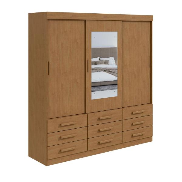 Imagem de Guarda-Roupa Casal Anne 3 Portas 9 Gavetas com Espelho Flex Amêndoa Clean/Off White 72962.59 - Móveis Lopas