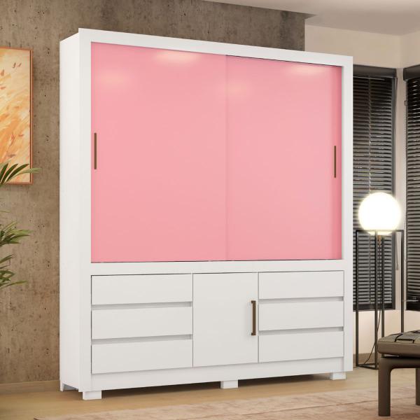 Imagem de Guarda-Roupa Casal Arbo 3 Portas 6 Gavetas Branco/Rosa/Branco - Demóbile