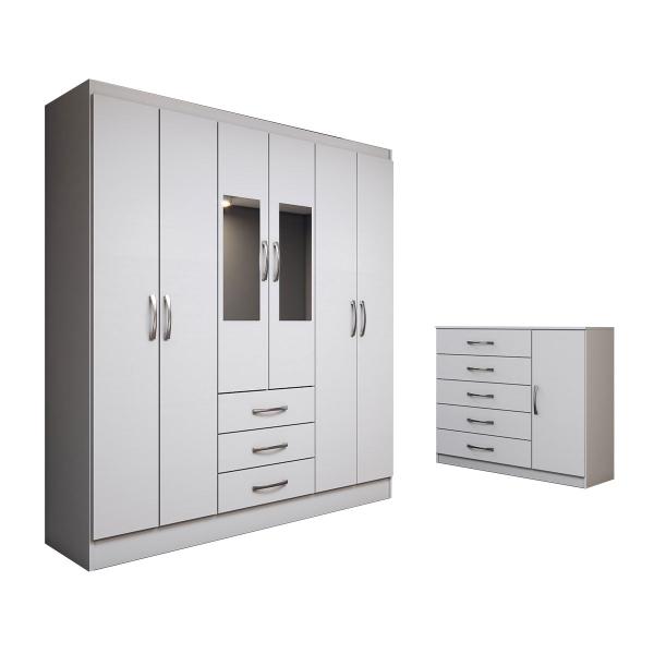 Imagem de Guarda-Roupa Casal Ariana 6 Portas 3 Gavetas e Espelho com Cômoda 1 Porta 5 Gavetas Branco - Panorama Móveis