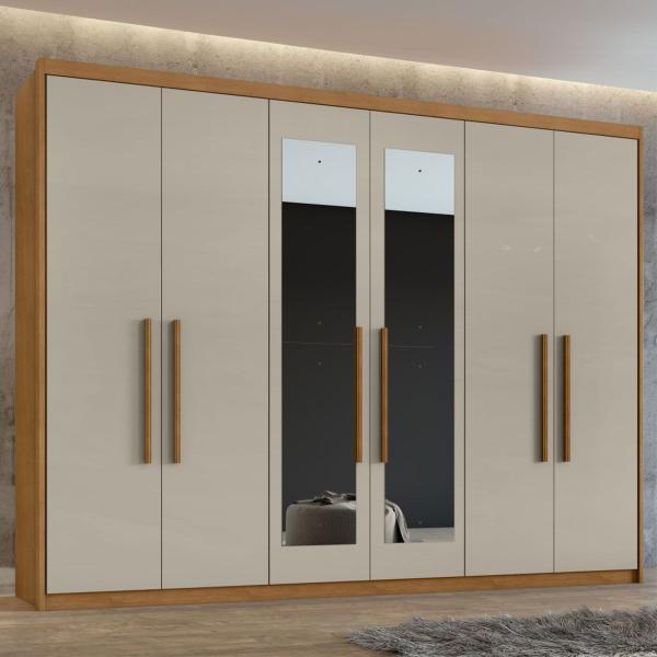 Imagem de Guarda-Roupa Casal áries 6 Portas 5 Gavetas com Espelho 59621.59 Amêndoa Clean/Off White -  Móveis Lopas