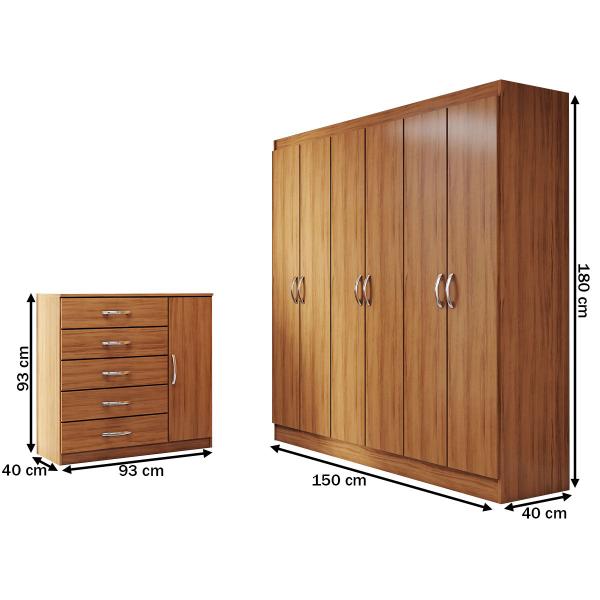 Imagem de Guarda-Roupa Casal Aurora 6 Portas 2 Gavetas com Cômoda 1 Portas 5 Gavetas Cinamomo - Panorama Móveis