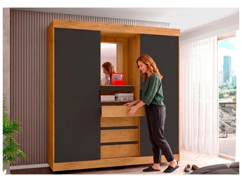 Guarda-roupa Casal com Espelho 2 Portas de Correr 4 Gavetas