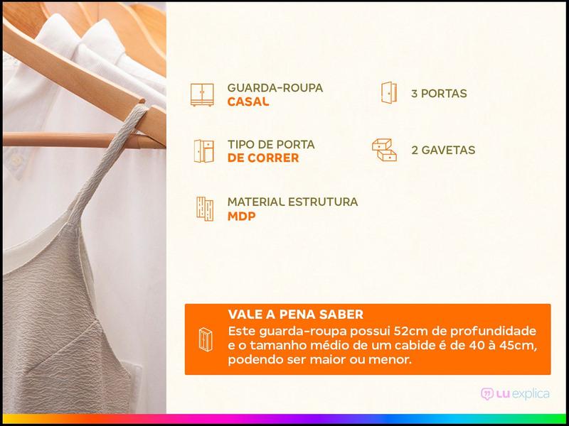 Imagem de Guarda-roupa Casal com Espelho 3 Portas de Correr 2 Gavetas Demóbile Residence Flex