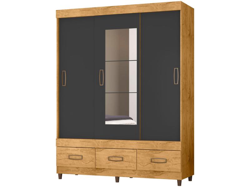 Guarda-roupa Casal com Espelho 3 Portas de Correr 3 Gavetas Araplac Cairo Guarda-roupa Casal com Espelho 3 Portas de Correr 3 Gavetas Araplac Cairo