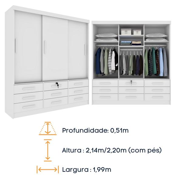 Imagem de Guarda Roupa Casal com Espelho 3 Portas de Correr 9 Gavetas 199cm Chicago