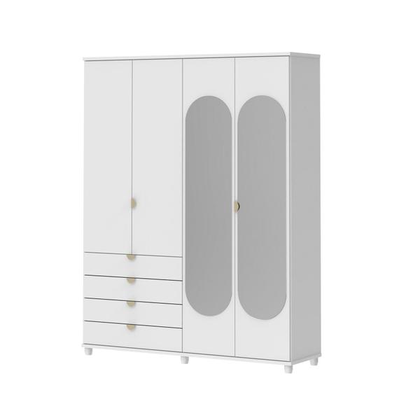 Imagem de Guarda-Roupa Casal com Espelho 4 Portas 4 Gavetas 100% MDF Look 181 cm - Branco Fosco c/ Champanhe