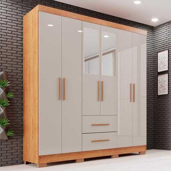 Guarda-roupa Casal com Espelho 6 Portas 2 Gavetas Estrela Premium - Sallêto Móveis Guarda-roupa Casal com Espelho 6 Portas 2 Gavetas Estrela Premium - Sallêto Móveis