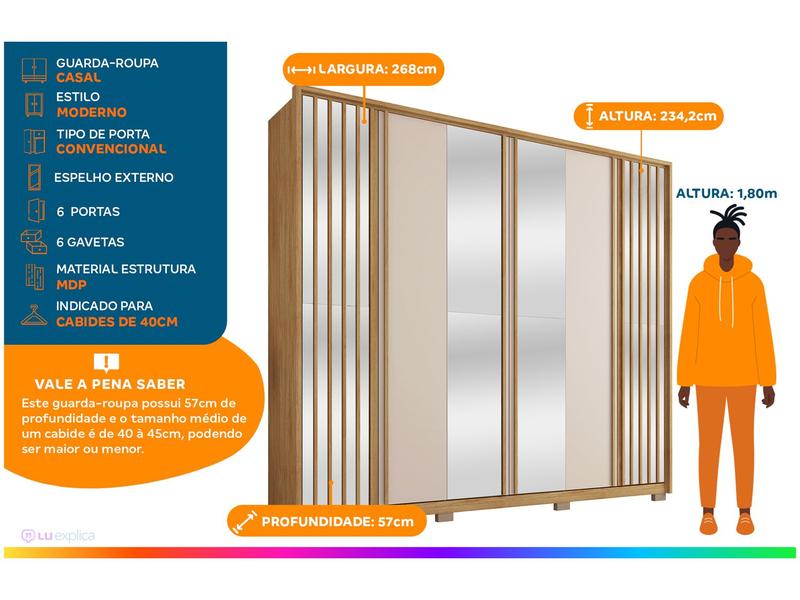 Imagem de Guarda-roupa Casal com Espelho 6 Portas 6 Gavetas Caemmun Orfeus