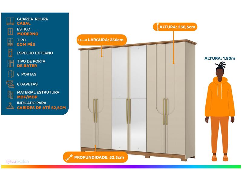 Imagem de Guarda-roupa Casal com Espelho 6 Portas 6 Gavetas Henn Magnus
