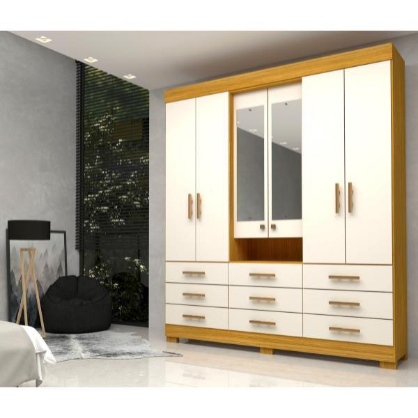 Imagem de Guarda Roupa Casal com Espelho 6 Portas 9 Gavetas Débora Nature/Off White ACP Móveis 100%MDF