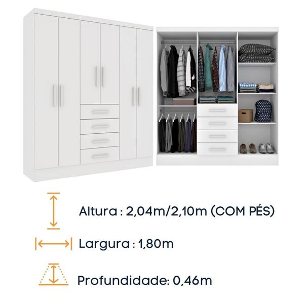 Imagem de Guarda Roupa Casal com Espelho e pés 6 Portas 4 Gavetas 180cm Arizona