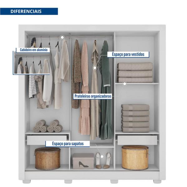 Imagem de Guarda-roupa Casal com Espelhos 3 Portas 2 Gavetas com Pés Quito Espresso Móveis Branco