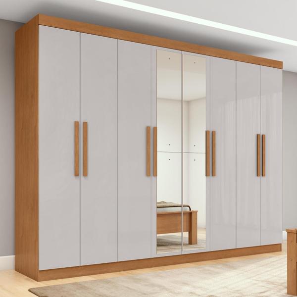 Guarda-roupa Casal Easy Slim 8 Portas Com Espelho Amendoa Clean/Off White - Móveis Lopas