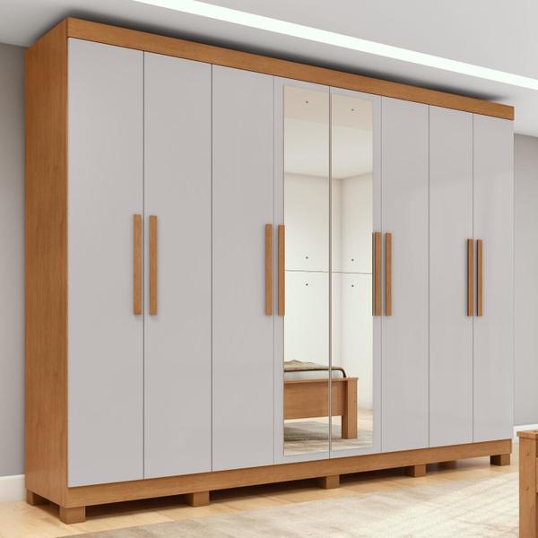 Guarda-roupa Casal Easy Slim 8 Portas Com Espelho e Pés Amendoa Clean/Off White - Móveis Lopas