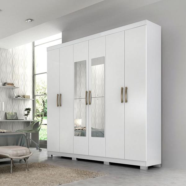 Imagem de Guarda Roupa Casal em MDF 6 Portas 3 Gavetas Kit 4 Espelhos e 8 Pés Clara Panan Móveis Branco