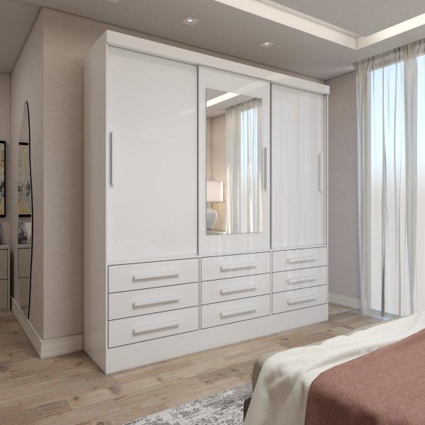 Imagem de Guarda-Roupa Casal Ferrara 3 Portas 9 Gavetas com Espelho Branco - Panorama Móveis