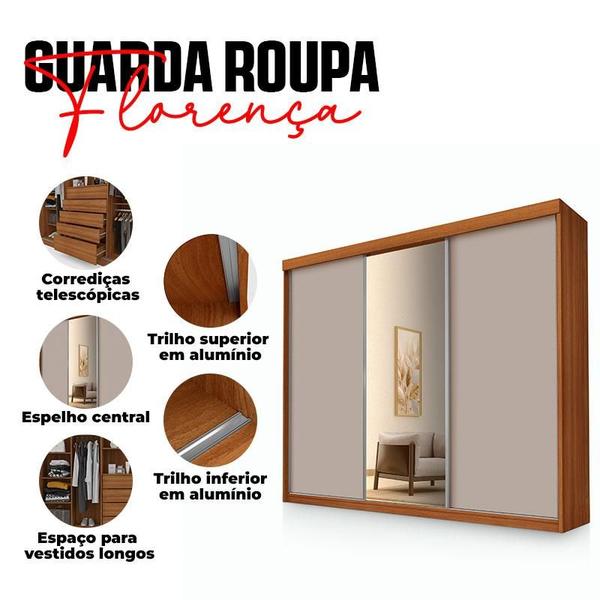 Imagem de Guarda Roupa Casal Florença 3 Portas de Correr com Espelho Carvalho New Maní - Luapa