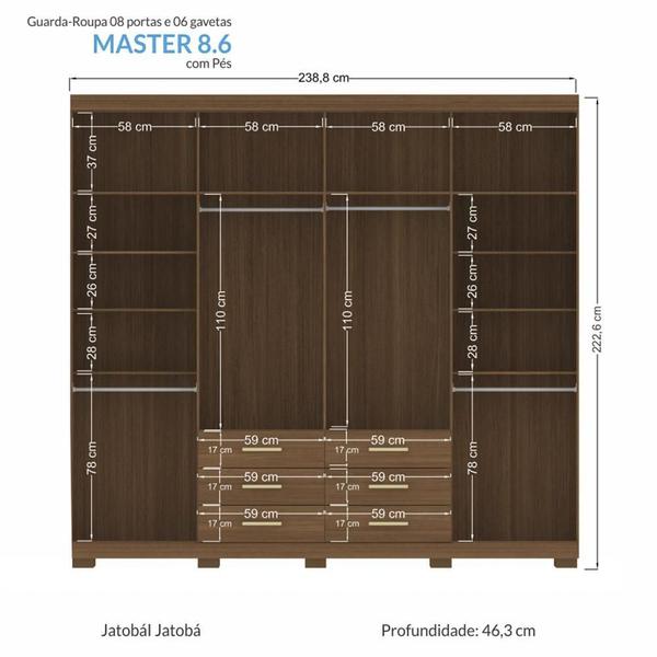 Imagem de Guarda Roupa Casal Havana Master 8.6 8 Portas 6 Gavetas com Espelho e Pés - Santos Andirá