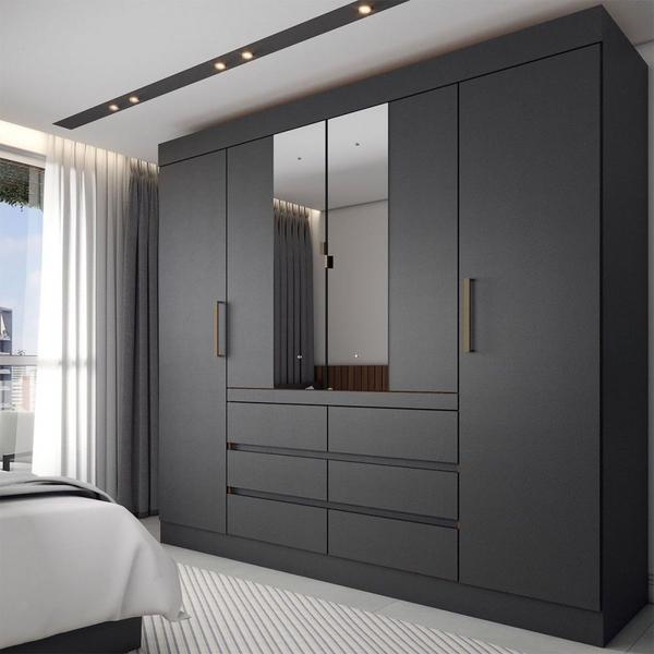 Guarda-Roupa Casal Honey 4 Portas 6 Gavetas com Espelho Preto/Amêndola - Panorama Móveis