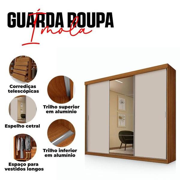 Imagem de Guarda Roupa Casal Ímola 3 Portas de Correr com Espelho Carvalho Off White Pina - Luapa