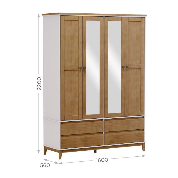 Imagem de Guarda-Roupa Casal Linha Prata Off White/Freijó 4 Portas Espelhos 4 Gavetas MDF com Madeira Maciça Pinus - Finestra