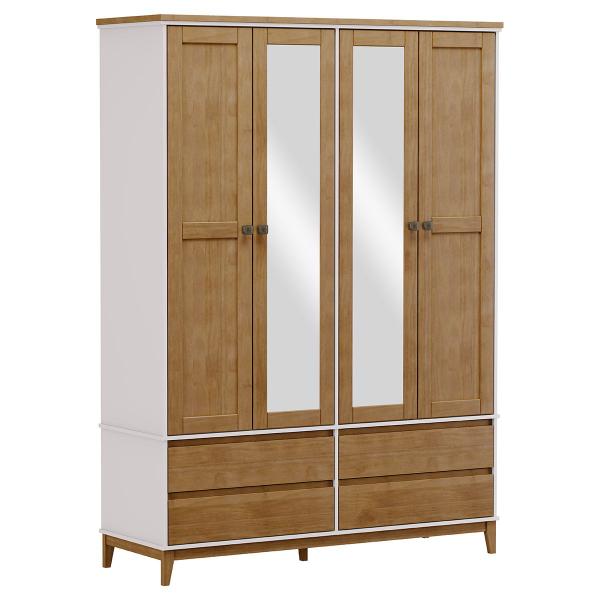 Imagem de Guarda-Roupa Casal Linha Prata Off White/Freijó 4 Portas Espelhos 4 Gavetas MDF com Madeira Maciça Pinus - Finestra