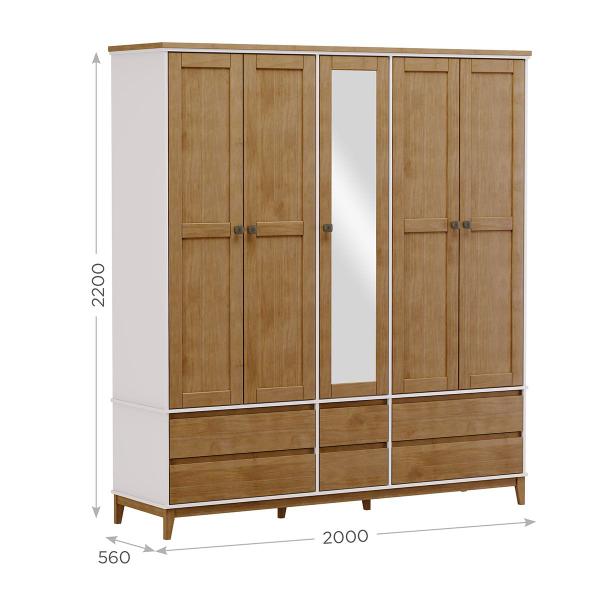 Imagem de Guarda-Roupa Casal Linha Prata Off White/Freijó 5 Portas Espelho Central 6 Gavetas MDF com Madeira Maciça Pinus - Finestra