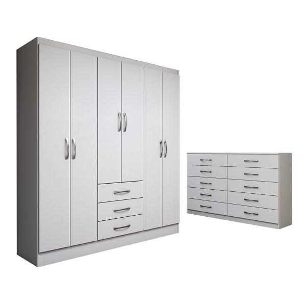 Imagem de Guarda-Roupa Casal Lydia 6 Portas 3 Gavetas com Cômoda 10 Gavetas Branco - Panorama Móveis