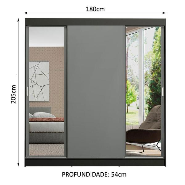 Imagem de Guarda-Roupa Casal Madesa Reno 3 Portas de Correr com Espelhos - Preto/Cinza