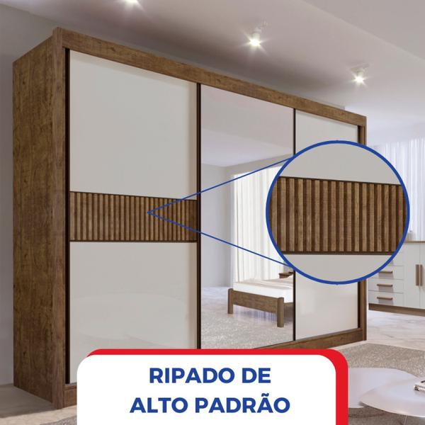 Imagem de Guarda-roupa Casal MDF com Espelho 3 Portas 6 Gavetas Miami Ripado